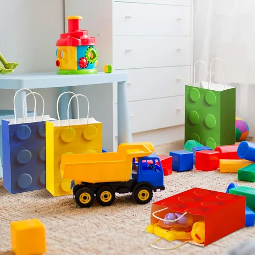 Vista 6 de Sabary 12 bolsas de regalo de bloques de construcción, bolsas de papel de dulces de ladrillos, bolsa de regalo con asa para bloque de construcción