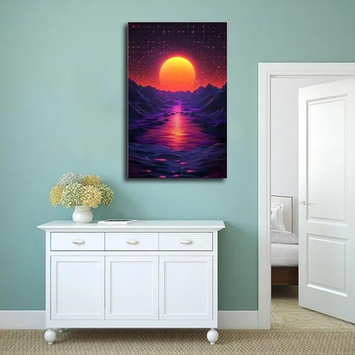 Vista 4 de Retro Synthwave Wall Art – Abstract Sci-Fi Universe Print – Neon 80s Futuristic Poster Poster Canvas Artwork Prints Rustic Farmhouse Decorations for