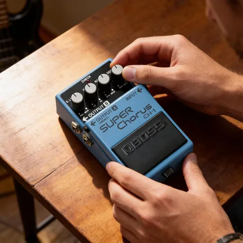 Vista 6 de Boss CH-1 Super Chorus - Paquete con fuente de alimentación Gearlux, cable de instrumento, cable de conexión y púas