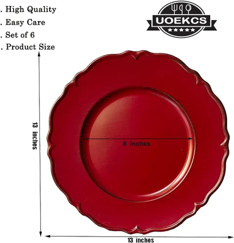 Vista 5 de Juego de 6 platos de carga rojos antiguos, platos de carga de 13" para platos de cena, platos de carga redondos de plástico a granel para bodas