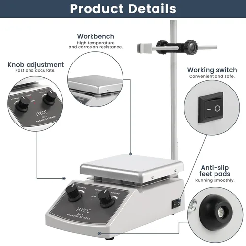 Vista 3 de HYCC Agitador magnético Placa caliente Max 520℉, 100-2000RPM Placa caliente con agitador magnético, agitador magnético de 67.6 fl oz, barra