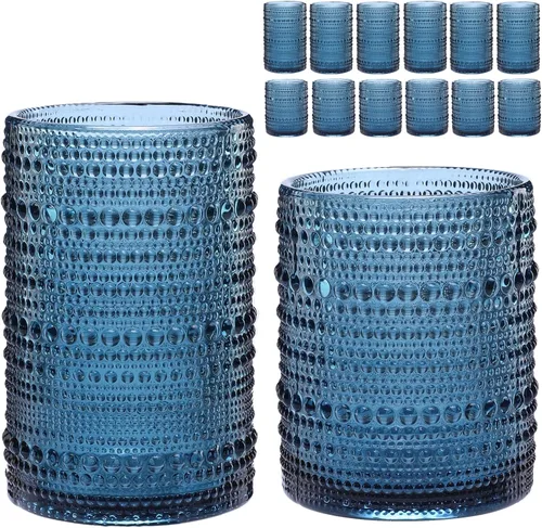 ZMOWIPDL Juego de Cristalería Vintage de 12 Vasos para Beber, Azul 12oz y 15oz Vasos de Vidrio Hobnail, Vaso de Agua en Relieve, para Cerveza,