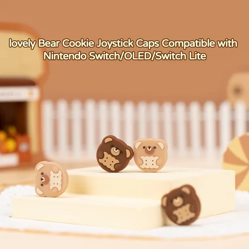 Vista 2 de GeekShare 4 tapas de agarre de pulgar compatibles con Nintendo SwitchOLEDSwitch Lite, cubierta de silicona suave para palanca de mando Bear Cookies