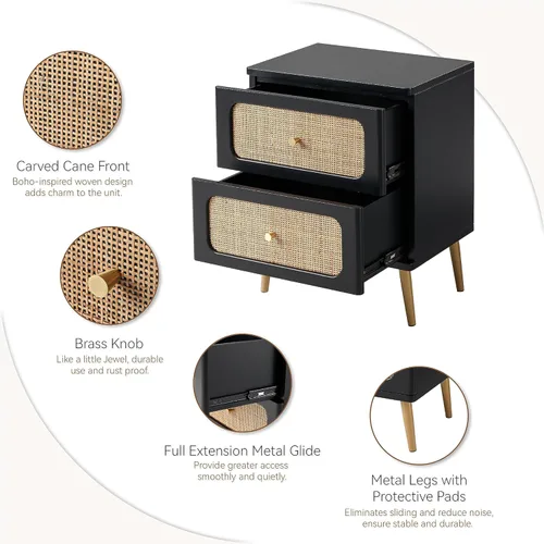 Vista 12 de LONYKE Cómoda de mimbre de ratán, cómoda de 3 cajones, gabinete de almacenamiento de madera con acabado blanco crema, mesa decorativa moderna
