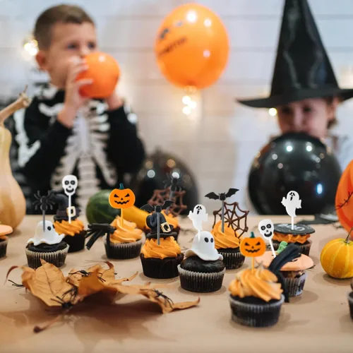 Vista 5 de 100 palillos de dientes de plástico para Halloween, decoración de cupcakes, decoración de tartas, para aperitivos de frutas, suministros de fiesta