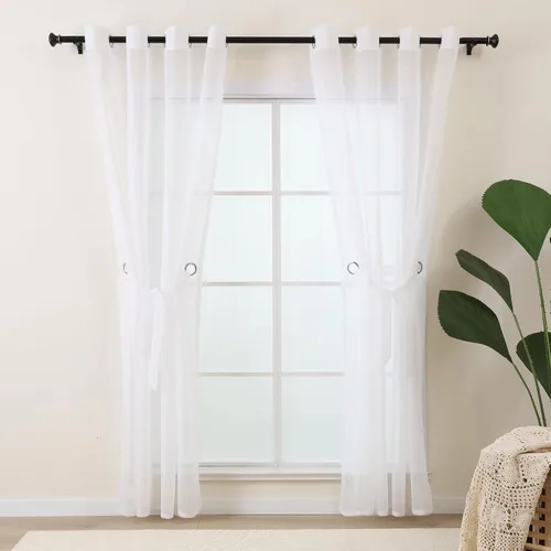 Vista 21 de L.Z.E - Cortinas transparentes blancas y negras de 63 pulgadas de largo, 2 paneles para sala de estar, cortinas elegantes y modernas transparentes