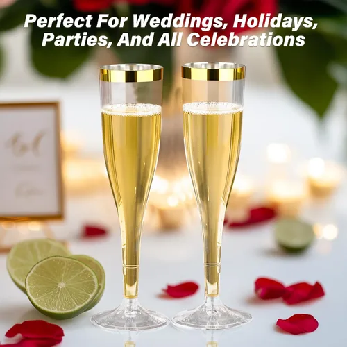 Vista 7 de Goodluck Paquete de 36 copas de champán transparentes de plástico de 6.5 onzas con borde dorado, vasos desechables de champán para brindis de boda
