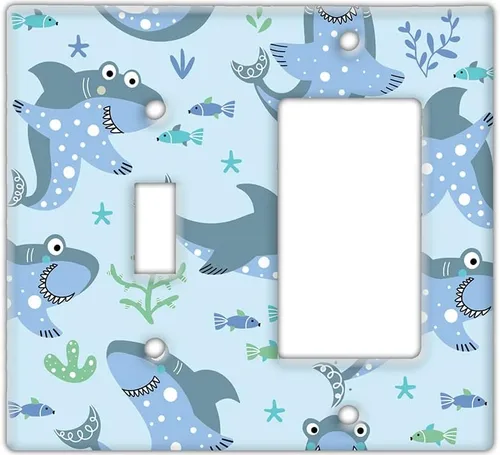 Vista 5 de Decorative Wall Switch Cover Plate - Baby Shark Decor Switch Plate - Makes a Great Nursery Decor With Lots of Blues (Double Blank Cover)