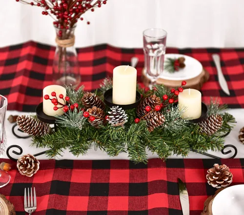 Vista 3 de Lvydec Portavelas de Navidad Centro de Mesa en Liquidación - Centro de Mesa de Piñas y Bayas Rojas con 3 Portavelas para Decoración del Hogar