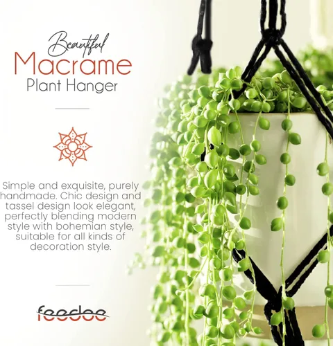 Vista 6 de Feedee Ganchos de macramé para plantas, paquete de 6, color negro, interior/exterior, algodón