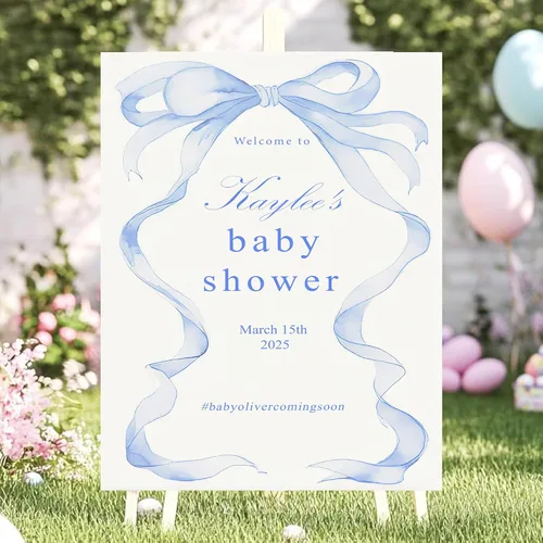 Vista 14 de Letrero de bienvenida con texto en inglés «We Can Bearly Wait Baby Show» para niño, tema de globo de oso de peluche azul