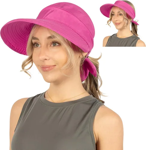 Vista 55 de SUN CUBE Sombrero de sol para mujer para protección UV al aire libre, sombrero de sol de ala ancha, cola de caballo, sombrero de playa convertible