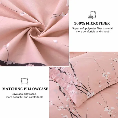 Vista 5 de WONGS BEDDING - Juego de funda de edredón floral rosa, reversible, con estampado de flores de ciruelo, funda de edredón con 2 fundas de almohada