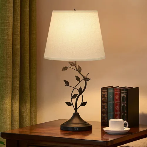 Vista 6 de Kakanuo - Lámpara de mesa USB con puertos de carga USB C, lámpara de mesita de noche tradicional blanca, lámpara de escritorio grande estilo retro