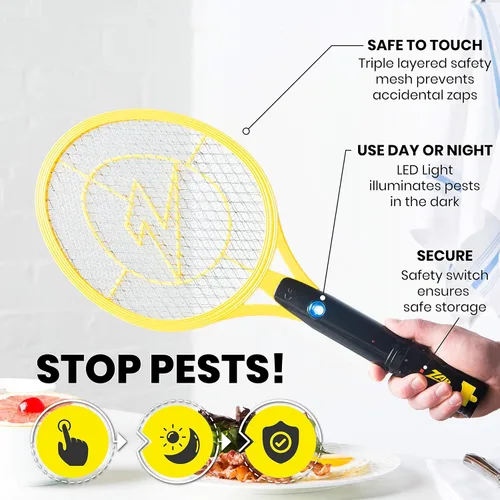 Vista 4 de ZAP IT! Bug Zapper - Raqueta exterminadora de insectos recargable con atracción de luz azul, 4,000 voltios, cable de carga USB