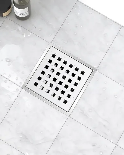 Vista 7 de Drenaje de ducha de 4 pulgadas, moderno drenaje cuadrado de acero inoxidable 304 para baño, drenaje de piso de ducha de níquel cepillado con rejilla