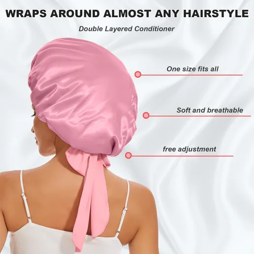 Vista 4 de Gorro de satén grande de seda para dormir, gorro de satén de doble capa para mujer, cabello rizado natural