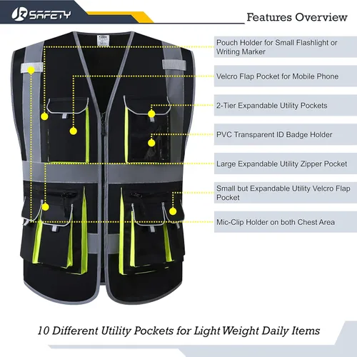 Vista 3 de JKSafety Chaleco de seguridad de color negro con 10 bolsillos, cremallera frontal, con tiras altamente reflectantes, cumple con las normas ANSI/ISEA