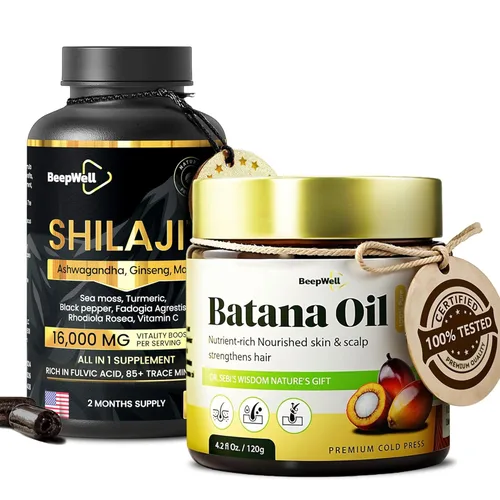 Paquete de cápsulas de aceite de Batana y Shilajit – Aceite puro para el cabello hondureño y extracto del Himalaya para el cabello y el bienestar,