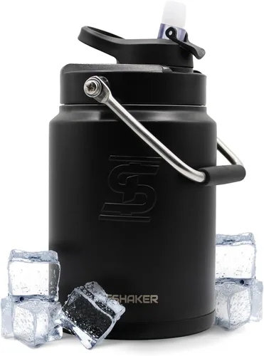 Ice Shaker Jarra de agua aislada de acero inoxidable de medio galón, 64 onzas, color negro, se mantiene fría durante más de 60 horas, tapa