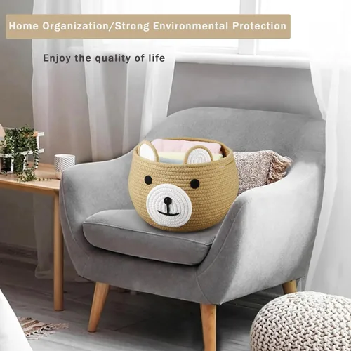 Vista 2 de Cesta de bebé de cuerda de algodón PandaEar, cesta de regalo para bebé, organizador de lavandería de guardería con lindo diseño de oso