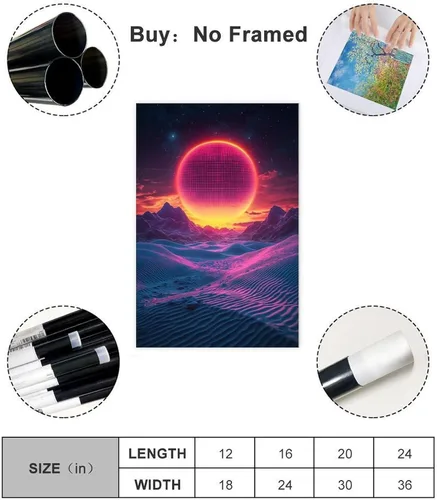 Vista 2 de Synthwave Wall Art Print – Neon Retro Sunset with Minimal Moon, Perfect for Office Or Studio Decor Poster Print Decorative Painting Canvas Wall Art