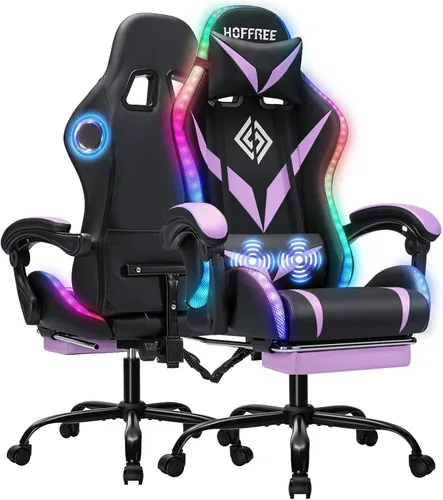 Vista 11 de Silla de juegos con altavoces Bluetooth y luces LED RGB, silla ergonómica de masaje para computadora con reposapiés, silla de videojuegos, respaldo