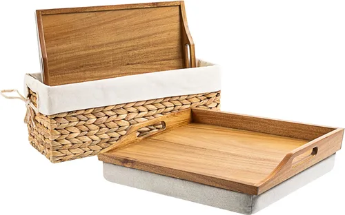 Vista 13 de ROSSIE HOME Bandeja de Cama de Madera de Acacia, Escritorio de Regazo con Cojín Desmontable, Bandeja para Servir - Natural - Se Adapta a Portátiles