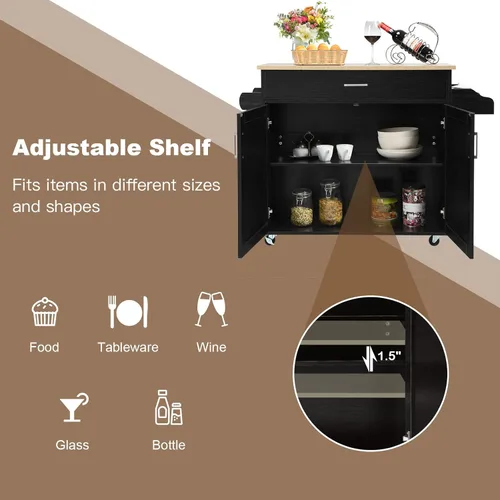 Vista 25 de PETSITE Carrito de isla de cocina con armario de almacenamiento sobre ruedas, estante de especias y cajón (blanco)