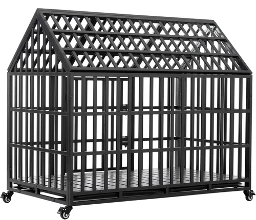 Vista 2 de 52" Heavy Duty Dog Crate for Large Dogs Double Door with Top Opening Durable Metal Pet Kennel with 4 Lockable Wheels