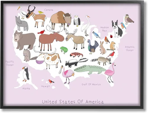 Stupell Industries Mapa de animales salvajes de Estados Unidos, diseño de Carla Daly - Arte de pared enmarcado color negro, 11 x 14, multicolor