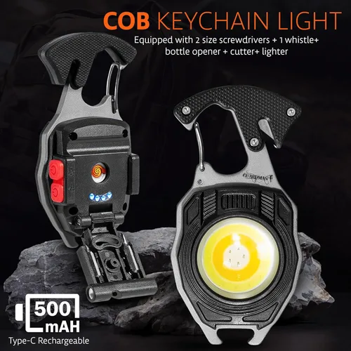 Vista 7 de GUARDMAN Regalos de relleno navideño para Hanukkah – Keychain multiherramienta de supervivencia, linterna LED, mosquetón, encendedor, desarmador