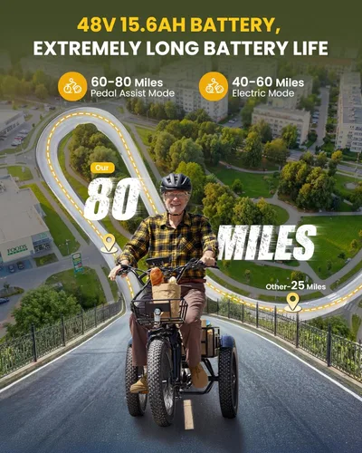 Vista 5 de Ucargo Electric Tricycle for Adults with Large Baskets, 1500W Motor, Long Range 80 Miles, Fat Tire Electric Bike with Differential, Smart APP