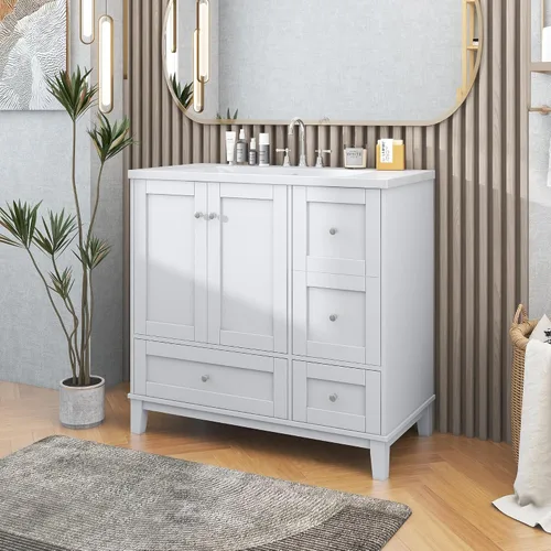 Vista 25 de Tocador de baño multifuncional de 30 pulgadas con lavabo individual, armario combinado de montaje inferior, marco de gabinete de baño de madera