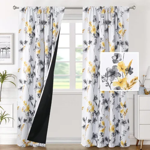 Vista 25 de H.VERSAILTEX Cenefas de cortina 100% opacas para ventanas de cocina, juego de 2 paneles de Cattleya con estampado floral, estampado floral