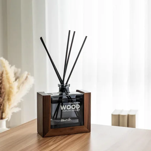 Vista 4 de Juego de difusor de varillas de lujo para el hogar, con varillas perfumadas y recarga de aceite esencial en botella de vidrio, marco de madera