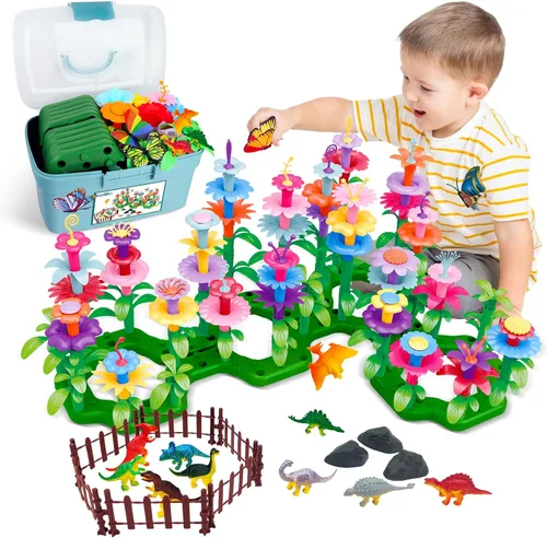 Juguetes y regalos para niños pequeños niños y niñas de 2 3 4 5 6 años, bloques de construcción de jardín de flores de dinosaurio de 167 piezas,