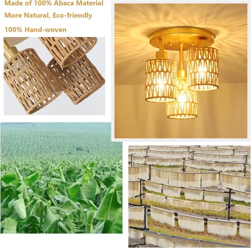 Vista 3 de Lámparas bohemias de 3 luces – Lámpara de ratán de granja con pantalla de jaula tejida, luces de techo semiempotradas doradas para dormitorio