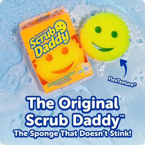 Vista 2 de Scrub Daddy 6 esponjas de cocina y 1 soporte de esponja para platos de Daddy Caddy - Sin BPA y fabricado con espuma de polímero, resistente a