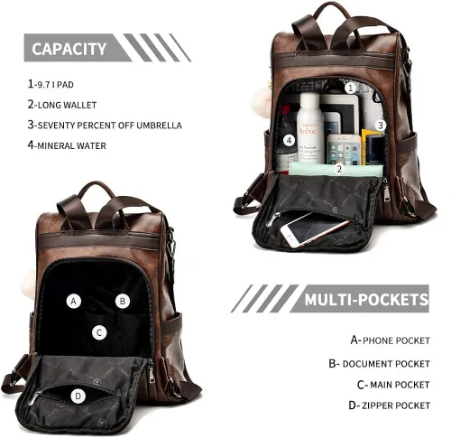 Vista 4 de Bolsa tipo mochila para mujer hecha de cuero sintético, con función antirrobo, informal y moderna, para llevar en los hombros