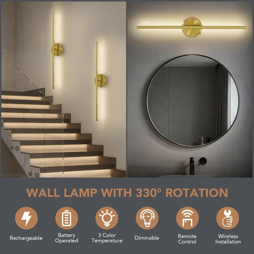 Vista 3 de TONYFUL Juego de 2 apliques de pared con pilas, lámpara de pared recargable con bombillas regulables de 6000 mAh y control remoto, luces LED