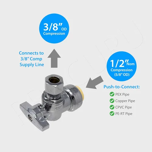 Vista 3 de PROCURU PushFit - Válvula de parada angular de 1/2 pulgada de empuje x 3/8 pulgadas de diámetro exterior Comp, válvula de cierre de latón de un
