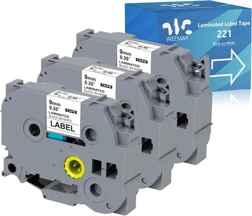 Weemay Paquete de 3 cintas TZe-221 compatibles con Brother P-Touch de 0.354 in 0.35 blanco laminado TZe TZ TZ-221 TZ221 TZe221 TZe221 3/8 etiqueta