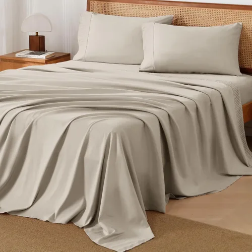 Vista 15 de Juego de sábanas Andency tamaño Queen de 4 piezas, sábanas súper suaves color Avena para cama tamaño Queen, juego de sábanas Queen de microfibra