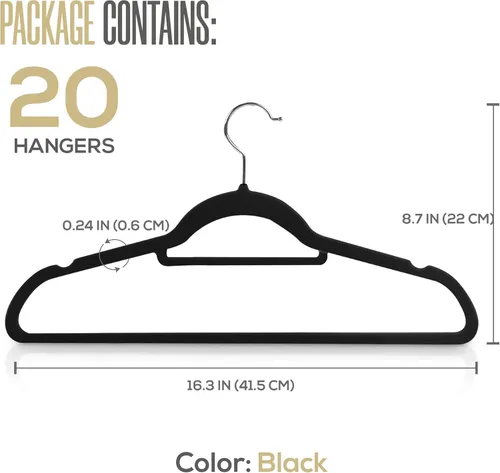 Vista 2 de Utopia Home Perchas de terciopelo de alta calidad, paquete de 20 – Percha antideslizante con barra de amarre – Perchas negras con gancho giratorio