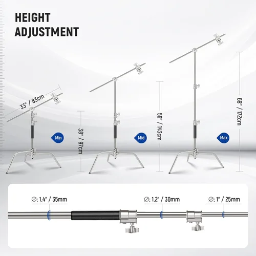 Vista 2 de NEEWER Pro Soporte en C 100% de acero inoxidable de alta resistencia con brazo extensible, altura máxima 172cm/68", soporte de luz para fotografía