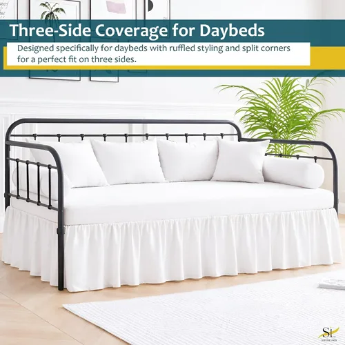 Vista 5 de Falda de cama con volantes con esquinas divididas para camas de día, cobertura de tres lados, fácil ajuste, fabricada con microfibra cepillada