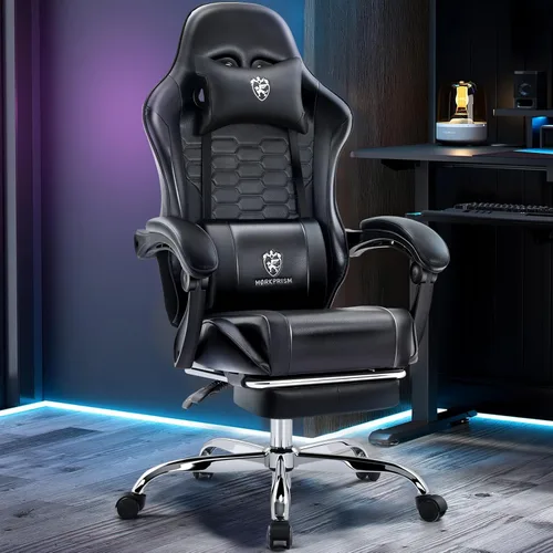 Vista 2 de Silla Gaming, Silla de Oficina para Computadora con Reposapiés, Soporte Lumbar de Masaje y Almohadilla de Gel, Silla Ergonómica Reclinable Ajustable
