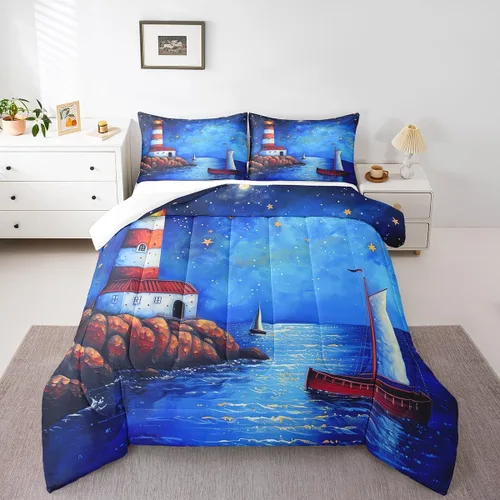 Vista 11 de Erosebridal Juego de edredón con temática de playa, tamaño matrimonial, juego de ropa de cama con estampado de estrellas de mar y conchas marinas