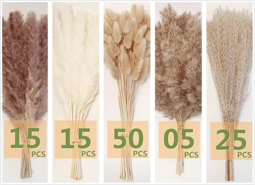 Vista 2 de Decoración de hierba de pampa seca natural, 110 piezas de hierba de pampa que contiene colas de conejo blancas flores secas, flores artificiales